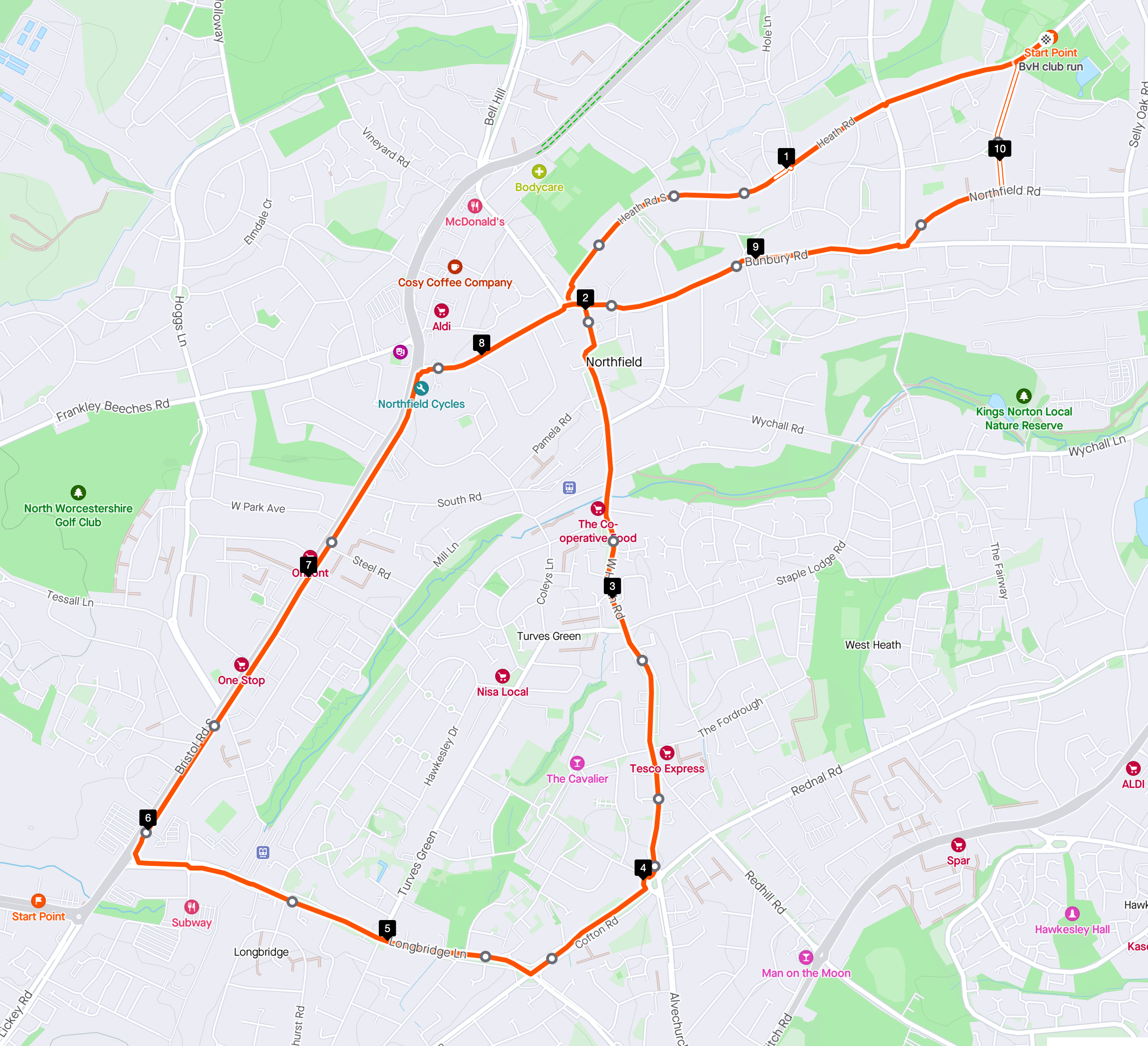 Map of Longbridge 10k route